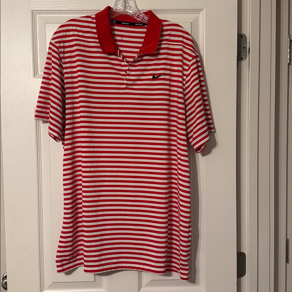Red and White Striped Polo Shirt with Nike Logo